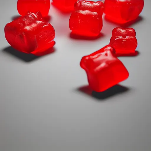 Image similar to gummy bear made from the sins of the father, dark, decrepit, war barren, red, lost, 4 k, octane render