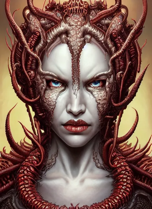 Image similar to a hyper detailed face portrait of the queen of blades, diablo 4 lilith, sideshow figurines, cthulu, by yusuke murata, by hiroya oku, by dorian cleavenger, by tom bagshaw, by zdzisław beksinski, trending on artstation