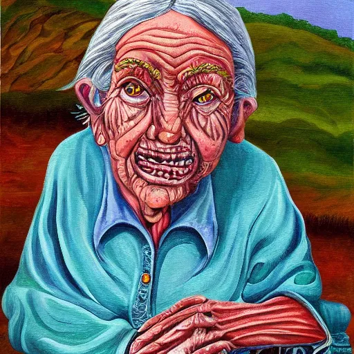 Image similar to painting of a wrinkled old woman, appalachian folk art