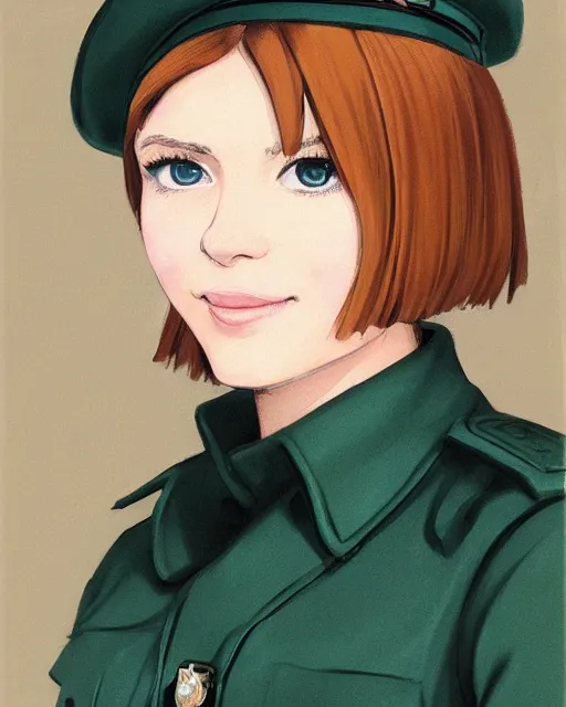 Prompt: portrait of young woman with light brown hair and hazel eyes dressed in a sharp dark teal military uniform with beret, smiling, ilya kuvshinov, anime