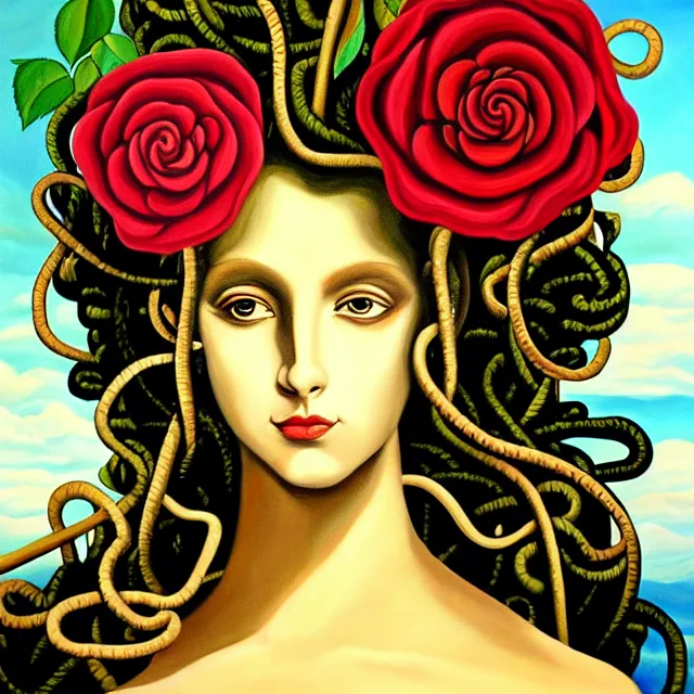 Image similar to a beautiful painting medusa's head is in the rose, by theoretical part painting