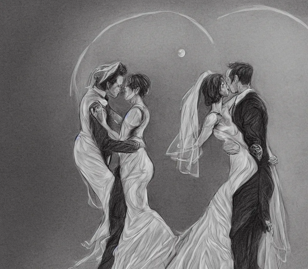 Image similar to detailed, anatomical, digital art drawing of a couple dancing on a crescent moon during their wedding ceremony, soft lighting, neutral colours, lots of details
