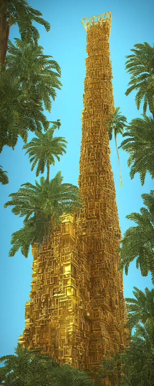 Image similar to eye level view of single tower, golden facade babylon tower, sacred ancient architecture, hanging gardens, cascading highrise, arid mountains with lush palm forest, sunlight, post - production, octane, cgi, sfx