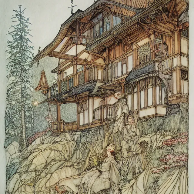 Prompt: a detailed, intricate watercolor and ink illustration with fine lines of the view from the river of an art nouveau swiss chalet, by arthur rackham and edmund dulac and lisbeth zwerger