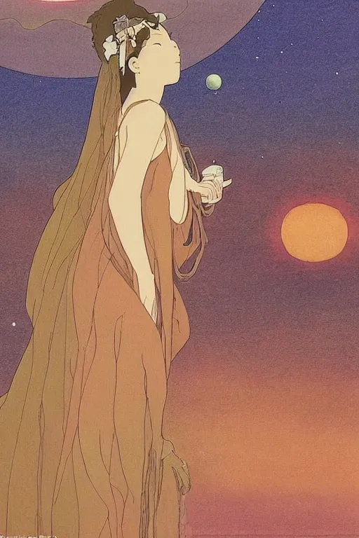 Prompt: A mystic woman peers over the horizon to find the sun setting over another planet and a fine mist of mana obscuring her vision by studio ghibli and mucha