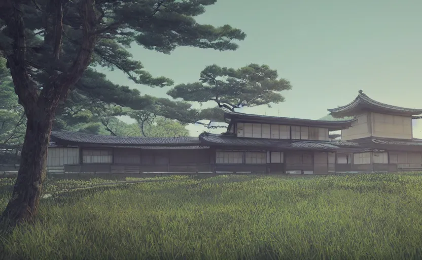 Image similar to Japanese countryside regal house, Low level, rendered by Beeple, Makoto Shinkai, syd meade, simon stålenhag, synthwave style, digital art, unreal engine, WLOP, trending on artstation, 4K UHD image, octane render