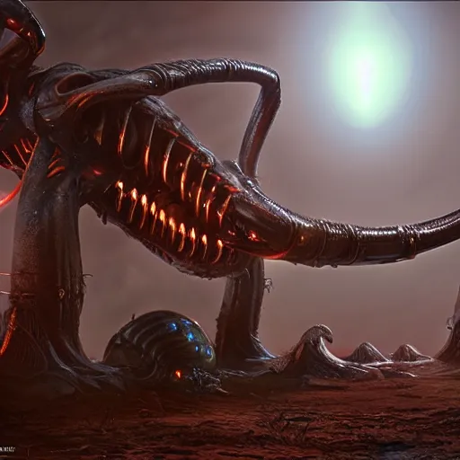 Prompt: an alien attack by H. G. Wells and H.R. Giger, fantasy, blood, highly detailed, concept art, rendered in unreal engine