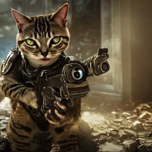 Image similar to lil bub the cat in gears of war, splash art, movie still, cinematic lighting, dramatic, octane render, long lens, shallow depth of field, bokeh, anamorphic lens flare, 8 k, hyper detailed, 3 5 mm film grain