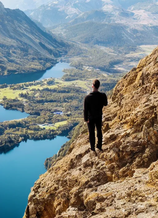 Prompt: a man standing on a viewpoint looking out over a beautiful landscape where new and exciting adventure and potential await