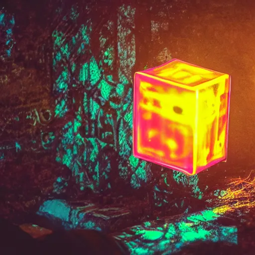 Image similar to glowing translucent cube in las pozas, cyberpunk, dark room, science fiction magazine, cut out collage, 4 k close up, wide angle