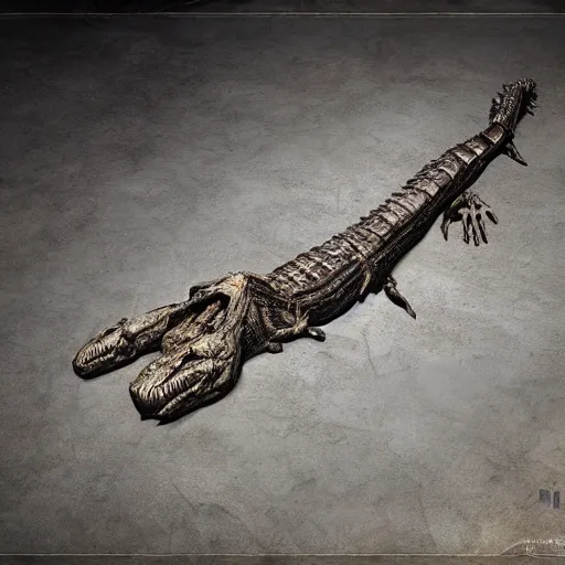 Image similar to a mummified crocodile, fantasy art, cinematic lighting