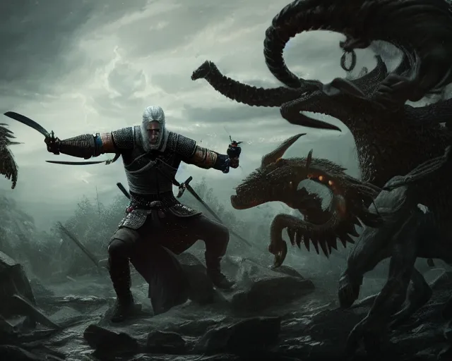 Image similar to 5 5 mm portrait photo of geralt fighting a 5 headed hydra. magical atmosphere. art by greg rutkowski. highly detailed 8 k. intricate. lifelike. soft light. nikon d 8 5 0.