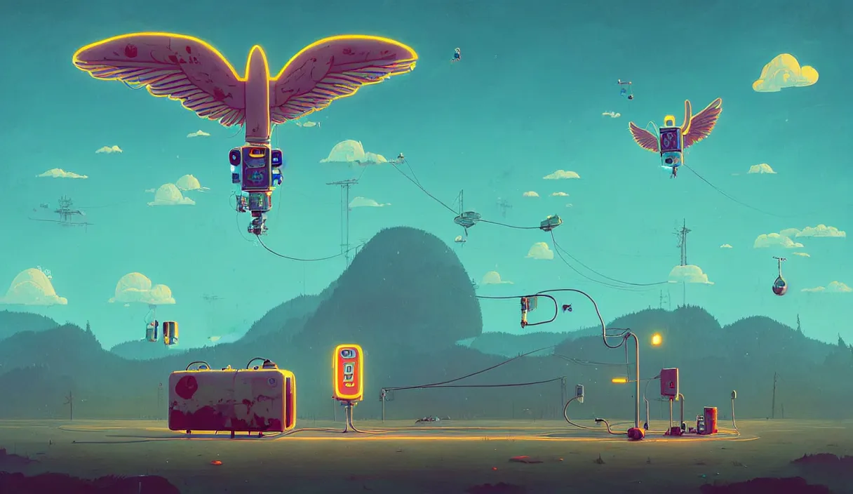 Image similar to epic professional digital art of a flying soda machine with wings, art by simon stalenhag, epic, stunning, gorgeous, wow wow detail