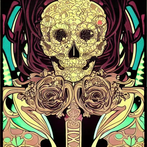 Prompt: anime manga skull portrait face skeleton illustration style by Alphonse Mucha and Hockney comicbook pop art nouveau