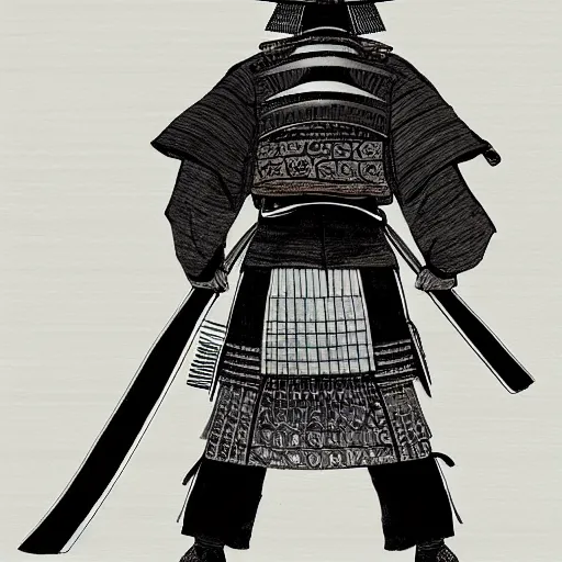 Image similar to A FULL BODY PORTRAIT FROM BEHIND OF A SAMURAI WITH 2 KATANAS , concept art,HIGHLY DETAILED ink style , sketch