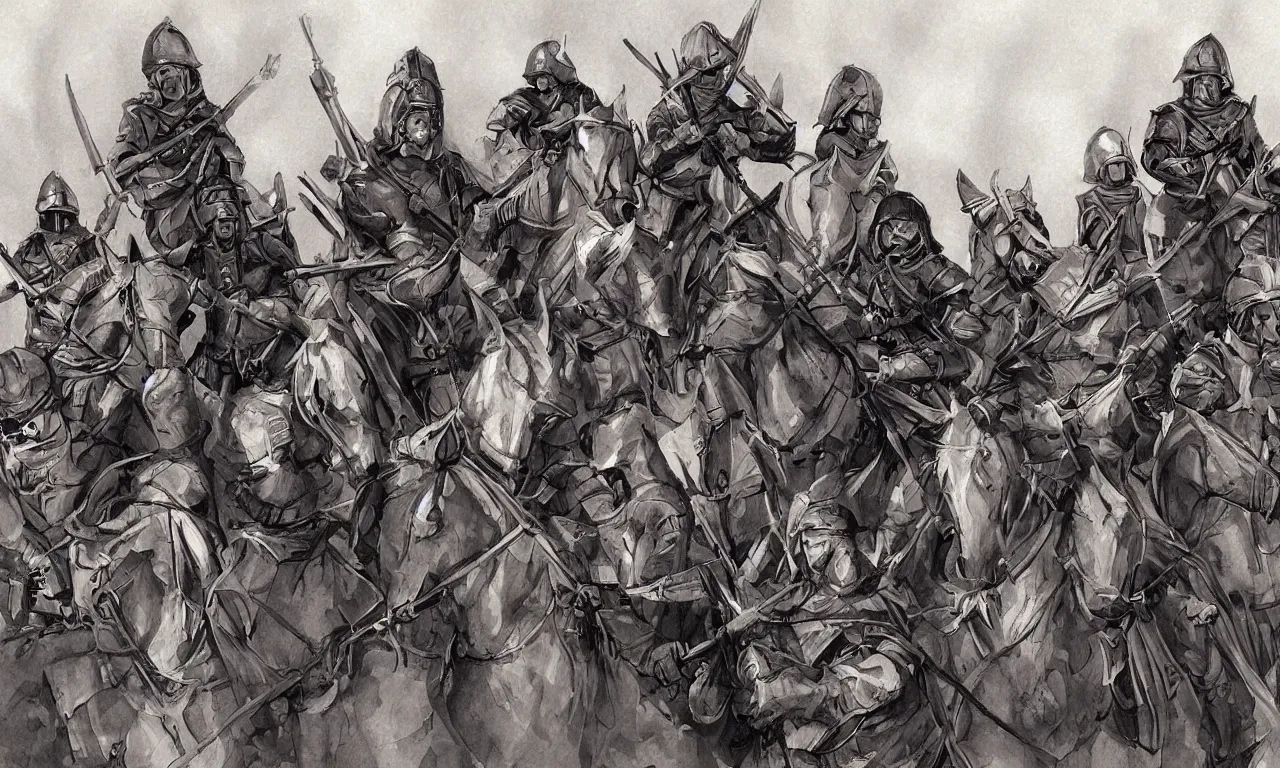 Prompt: medieval soldiers, in line, blue flagg, digital art, illustration, fantasy, sketch, dark