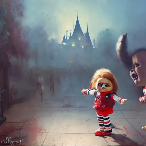 Prompt: the doll chucky cage fighting the doll annabelle in an epic mma fight, disneyland as backdrop, oil painting, by greg rutkowski