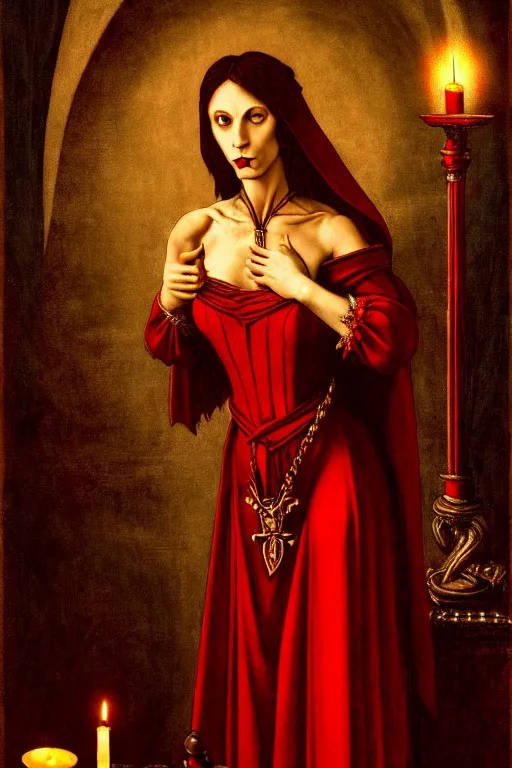 Prompt: a vampire in an ornate red dress, obelisks and black pyramids, candle light, oil painting, high detail, dark lighting, atmospheric, extremely detailed, intricate, da vinci, michelangelo, caravaggio, hans holbein, raphael, donatello, 8 k