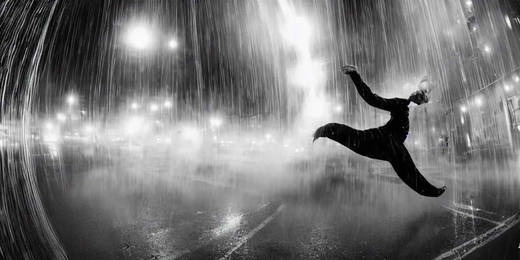 Image similar to fisheye lens trail effect of futuristic break dancer wearing floating very long dress, long exposure shot , at night in the middle of a rainy street with rim lights, paddle of water with steam and fog with water splashes, glossy reflections, water droplets on lens, tongue of fire, detailed and soft, fisheye lens, smooth, sharp focus