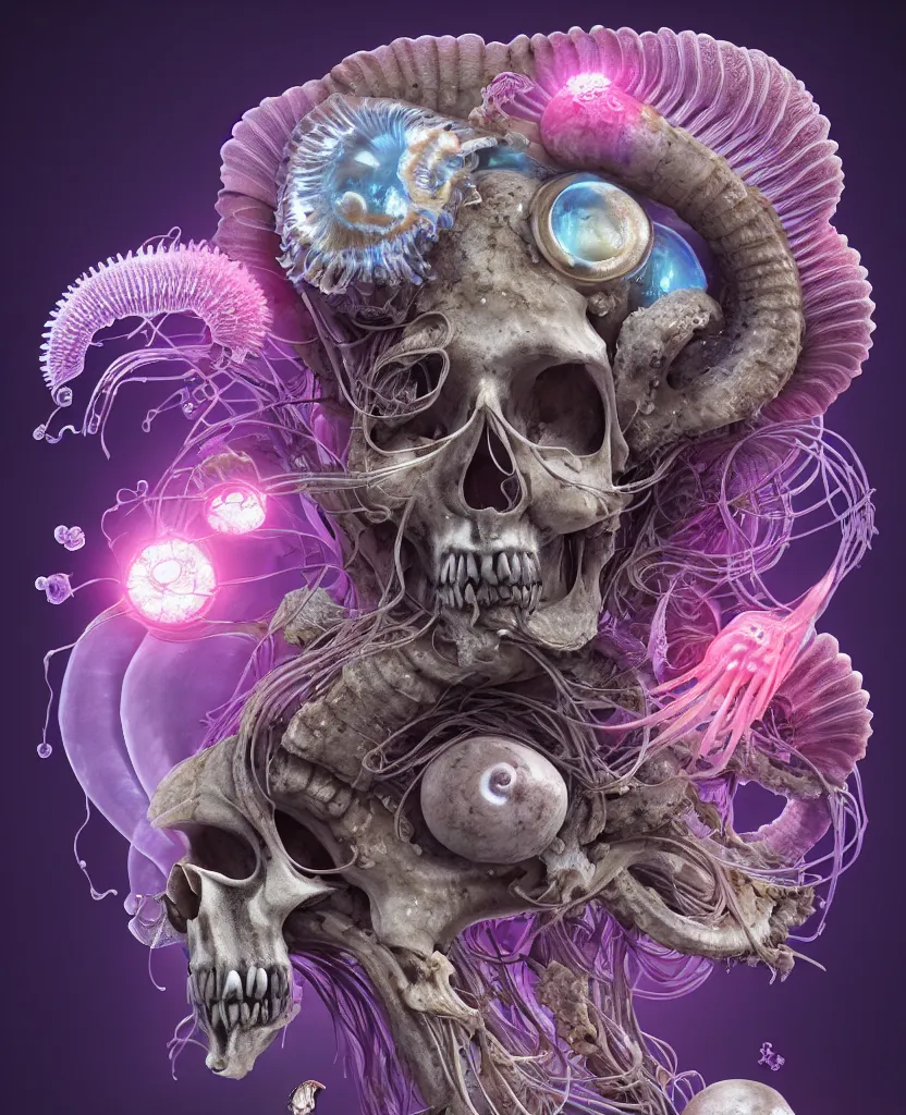 Image similar to goddess close-up portrait ram skull, thorax, x-ray, backbone, jellyfish phoenix head, nautilus, orchid, skull, betta fish, bioluminiscent creatures, intricate artwork by Tooth Wu and wlop and beeple. octane render, trending on artstation, greg rutkowski very coherent symmetrical artwork. cinematic, hyper realism, high detail, octane render, 8k