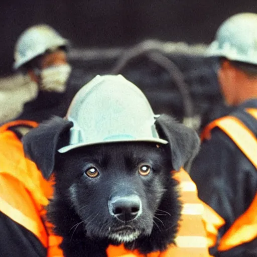 Prompt: black puppy working in a coal mine, wearing hard hat, photo from 1 9 9 8,