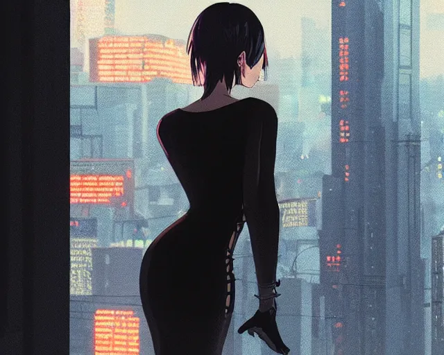 Image similar to back of young woman wearing a stylish black minidress looking through a penthouse window at a panoramic view of a cyberpunk city at night, dark sky, bokeh lights, anime, ilya kuvshinov, guweiz, artstation trending, concept art, digital painting, cinematic, extreme detail, expansive