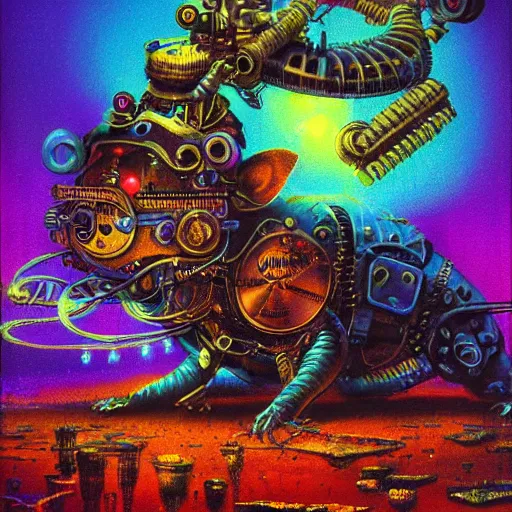 Image similar to steampunk rat, acid, 303, psychedelic, by paul lehr