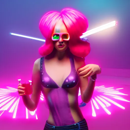 Image similar to candypunk rockstar, character design, high quality digital art, render, octane, redshift, volumetric lighting, oled