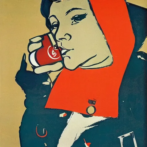 Image similar to a woman in a parka drinking a bottle of coke in an icy landscape, constructivist, russian, soviet advertisement, 1 9 6 0's, by henri toulouse lautrec