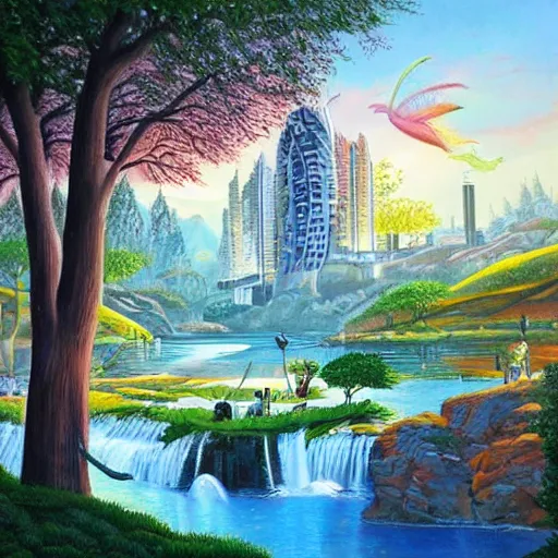 Image similar to Beautiful city of the future in harmony with nature. Nice colour scheme. Beautiful detailed painting by Lurid. (2022)