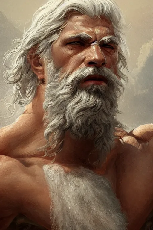 Image similar to painted portrait of rugged zeus, god of thunder, greek god, white hair, masculine, mature, handsome, upper body, muscular, hairy chest, fantasy, intricate, elegant, highly detailed, digital painting, artstation, concept art, smooth, sharp focus, illustration, art by gaston bussiere and greg rutkowski