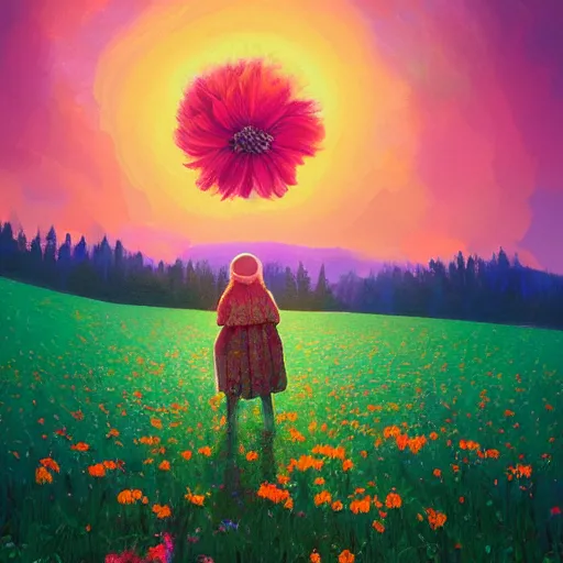 Prompt: flower field becoming a girl with dress and a giant flower as a face, hills, big trees, sunrise dramatic light, impressionist painting, colorful clouds, digital painting, pointillism, artstation, simon stalenhag