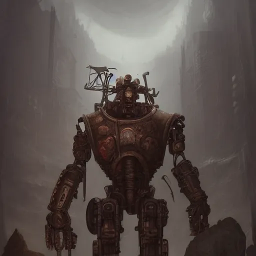 Image similar to Anthropomorphic athletic rusty robot in creepy environment,sci fi,concept art,matte painting, creepy,sci fi,in Gears of War cover art, ultra wide lens shot, beautiful, DnD character art portrait, matte fantasy painting, eerie, DeviantArt Artstation, by Jason Felix by Steve Argyle by Tyler Jacobson by Peter Mohrbacher, cinematic lighting