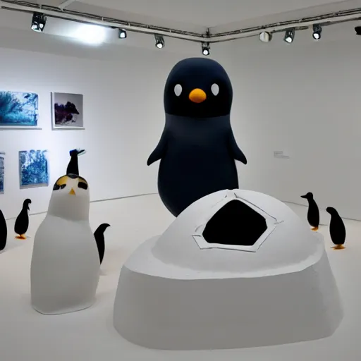 Image similar to pingu visits an art exhibition, sculptures, white gallery, igloo, contemporary art, photorealistic