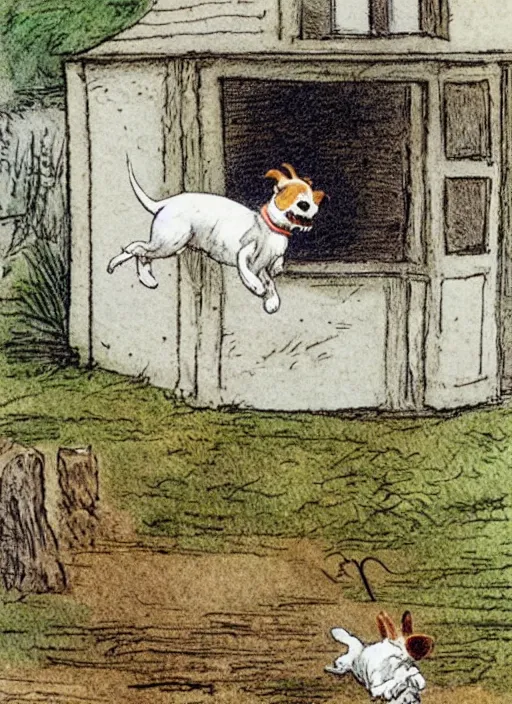 Image similar to jack russel terrier jumping from the ground over a small house, illustrated by peggy fortnum and beatrix potter and sir john tenniel