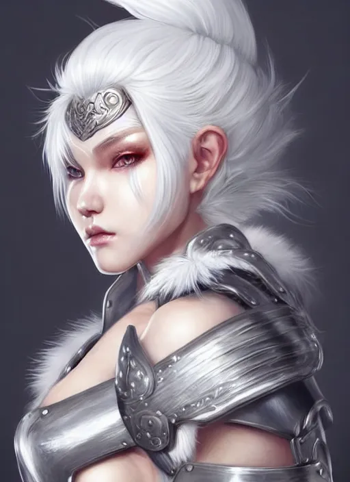 Prompt: warrior, fur - lined armor!!! beautiful and elegant white hair female!! gorgeous ayes!! character concept art, sharp focus, octane render! unreal engine 5! highly rendered!! trending on artstation!! detailed linework!! illustration by artgerm, wlop, and chie yoshii