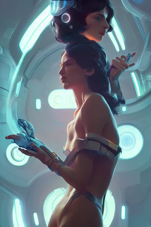 Prompt: a futuristic woman, highly detailed, digital painting, artstation, concept art, smooth, sharp focus, illustration, Unreal Engine 5, 8K, art by Ross Tran and greg rutkowski and alphonse Mucha