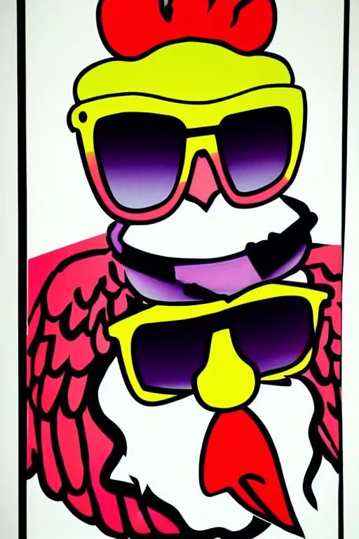 Prompt: a pop art of chicken wearing sunglasses