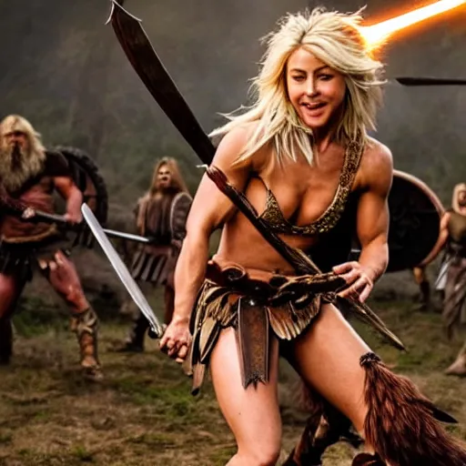 Image similar to julianne hough as a barbarian warrior, battle scene