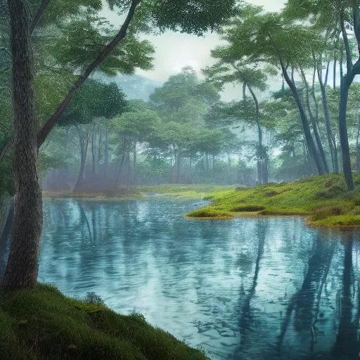 Image similar to a painting of a landscape with trees and a body of water, a detailed matte painting by Stanley Twardowicz, featured on polycount, ecological art, rendered in unreal engine, matte painting, unreal engine 5