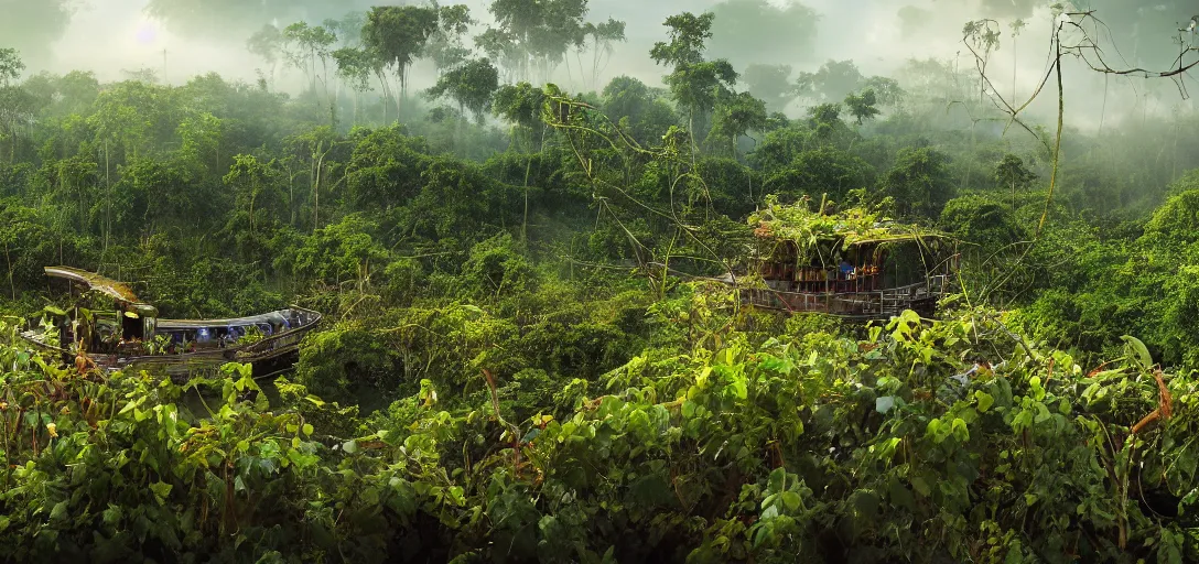 Prompt: A steamboat completely overgrown with vines, flowers, snakes, and exotic vegetation on the Amazon river. Beautiful photo by National Geographic. Photorealistic. Dusk colors. Volumetric lights. Mist. hyper-maximalistic, with high detail, cinematic, 8k resolution, beautiful detail, insanely complex details.