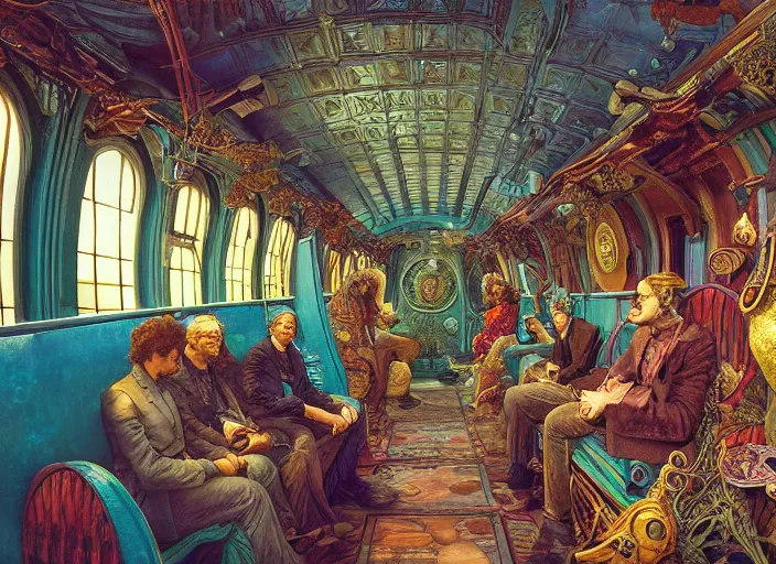 Prompt: incredibly beautiful breaktakingly detailed colour photograph of the inside of the beautifully decorated underwater train to atlantis, various amazingly weird cool characters sat down, extreme closeup, by ford maddox brown and kilian eng and moebius and william powell frith and frederic leighton and john william waterhouse and greg hildebrandt, ultra wide angle, 4 k