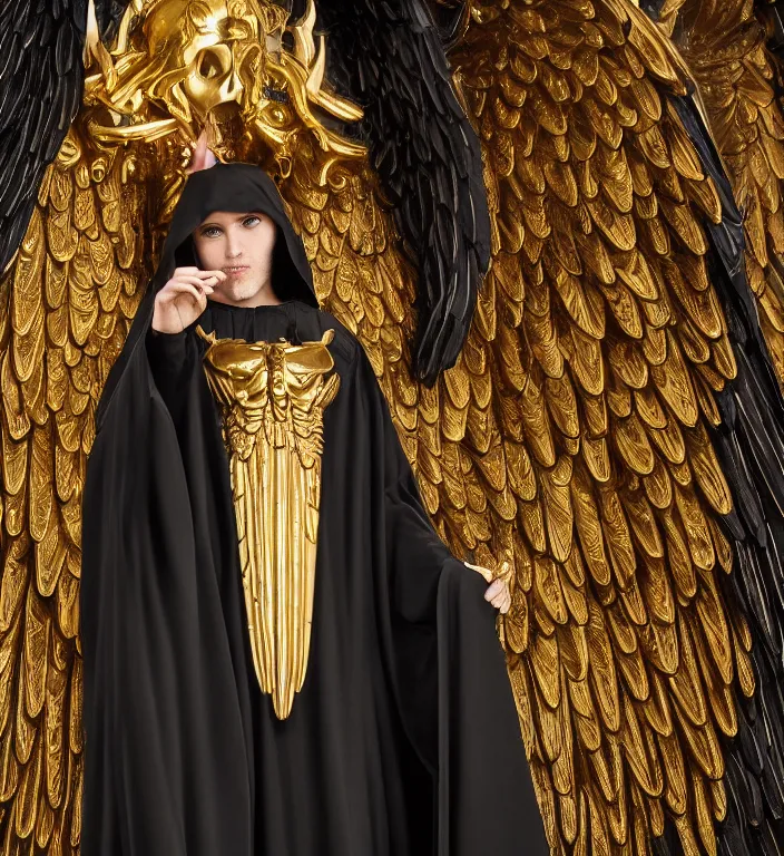 Image similar to full length picture of the angel of death wearing black robe with gold wings in an elaborate cathedral, octane, 8k, ultra detailed, photorealistic + sigma 105mm f2.8 macro