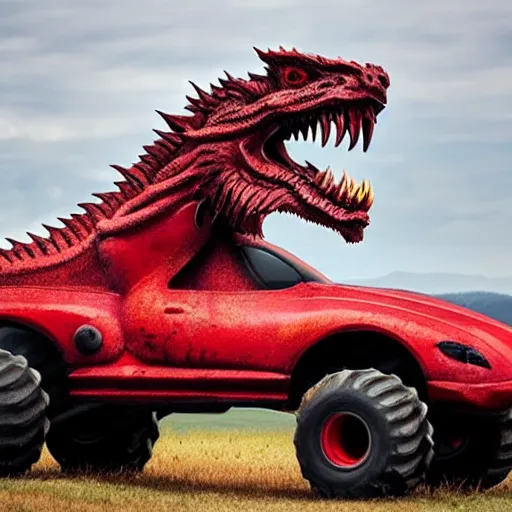 Image similar to A red dragon head as a monster truck