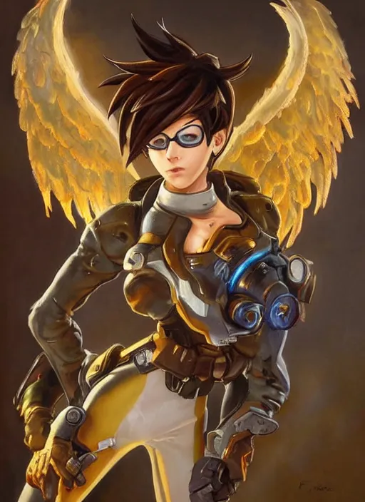 Image similar to full body oil painting of tracer overwatch in the style of frank frazetta, angel wings, dramatic painting, symmetrical composition, ornate, golden chains, high detail, gold detailed collar!!!!!, blooming, angelic, lights, flowers, heavenly, bright, detailed face,