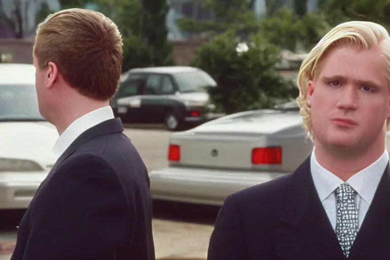 Prompt: cinematic still of portly clean-shaven white man wearing suit and necktie and curly blonde blonde blonde hair as car salesman in 1994 film, XF IQ4, f/1.4, ISO 200, 1/160s, 8K, RAW, dramatic lighting, symmetrical balance, in-frame