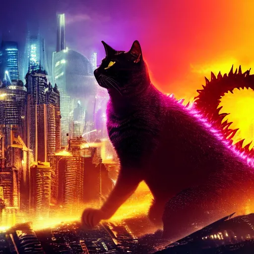 Image similar to bombay cat attacking a cyberpunk city like godzilla, cinematic, colorful, funny, chaotic, 8 k, computer wallpaper.