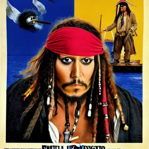 Image similar to paul mooney as jack sparrow in the style of modern movie poster by otto dix