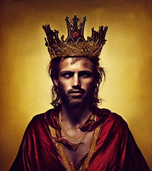 Image similar to 'Portrait of Crowned King Arthur' by Lee Jeffries royally decorated, whirling plasma, atmospheric motes, red and gold Sumptuous garb, gilt silk fabric, radiant colors, fantasy, perfect lighting, studio lit, micro details,