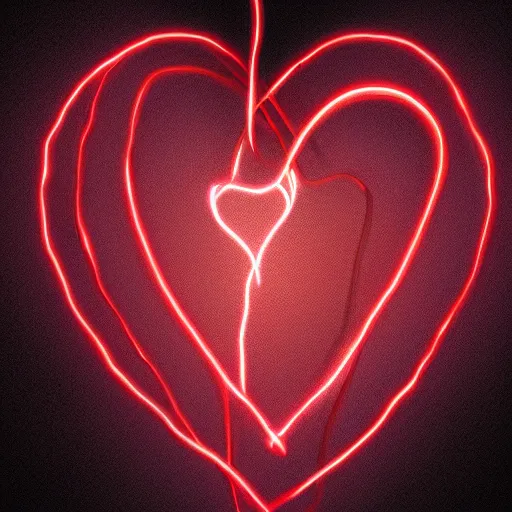 Prompt: a glowing simple red heart bound by strings in the darkness, digital art, painting